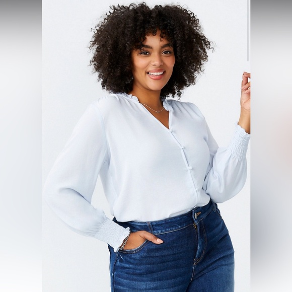 Light Blue Button Down Ruffle Neck Blouse - Picture 1 of 7